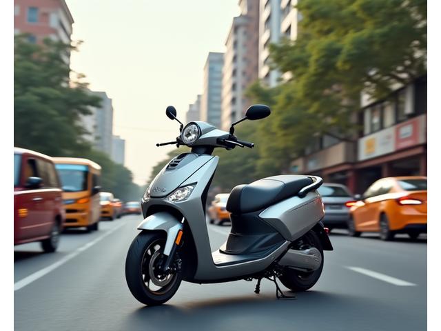 Compact silver electric scooter with orange accents, navigating a bustling street in Bengaluru during daytime.